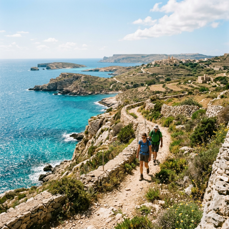 Two hikers walking on a dirt path with stone walls by the sea under a blue sky