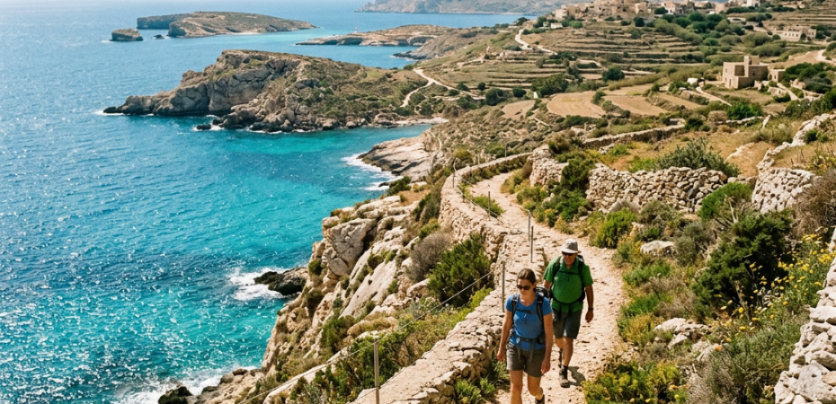 Two hikers walking on a dirt path with stone walls by the sea under a blue sky
