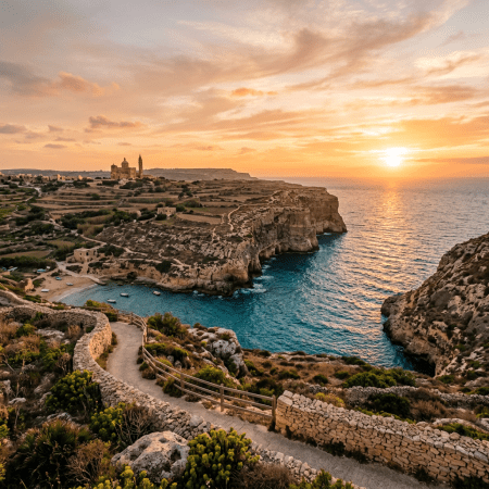Sunset over coastal cliffs with turquoise water and a distant church