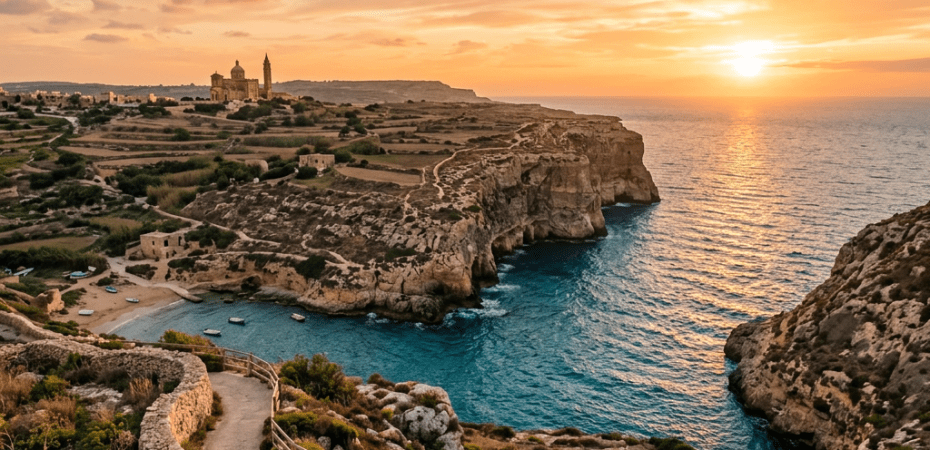 Sunset over coastal cliffs with turquoise water and a distant church